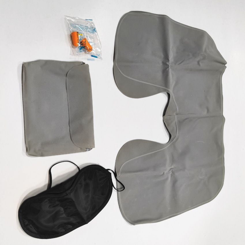 Customized Travel Supplies Flocking Pvc Inflatable U Pillow Travel Set Portable Neck Pillow Eyeshade, Earplugs Three-Piece Set