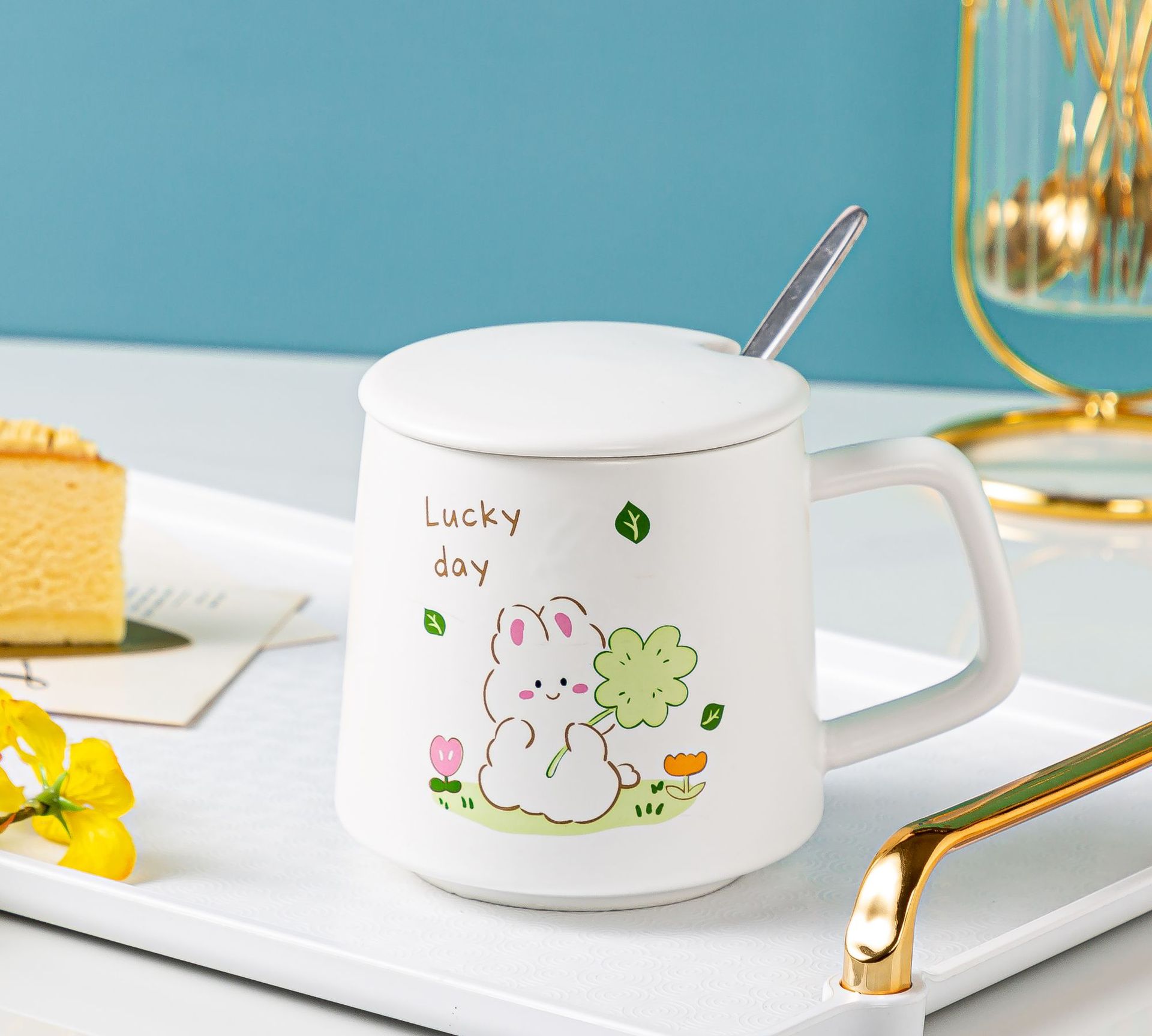 白色卡通小兔兔陶瓷杯创意套装马克杯可爱小白兔水杯男女喜欢杯子