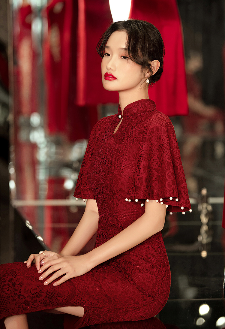 旗袍敬酒服中国红结婚新娘旗袍红色2021新款订婚礼服女