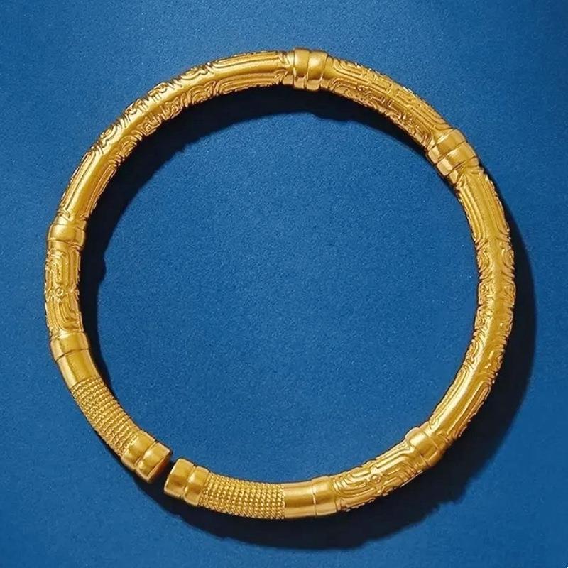 古法传承霸气龙纹手镯 复古图腾龙纹开口磨砂哑光金箍棒手镯