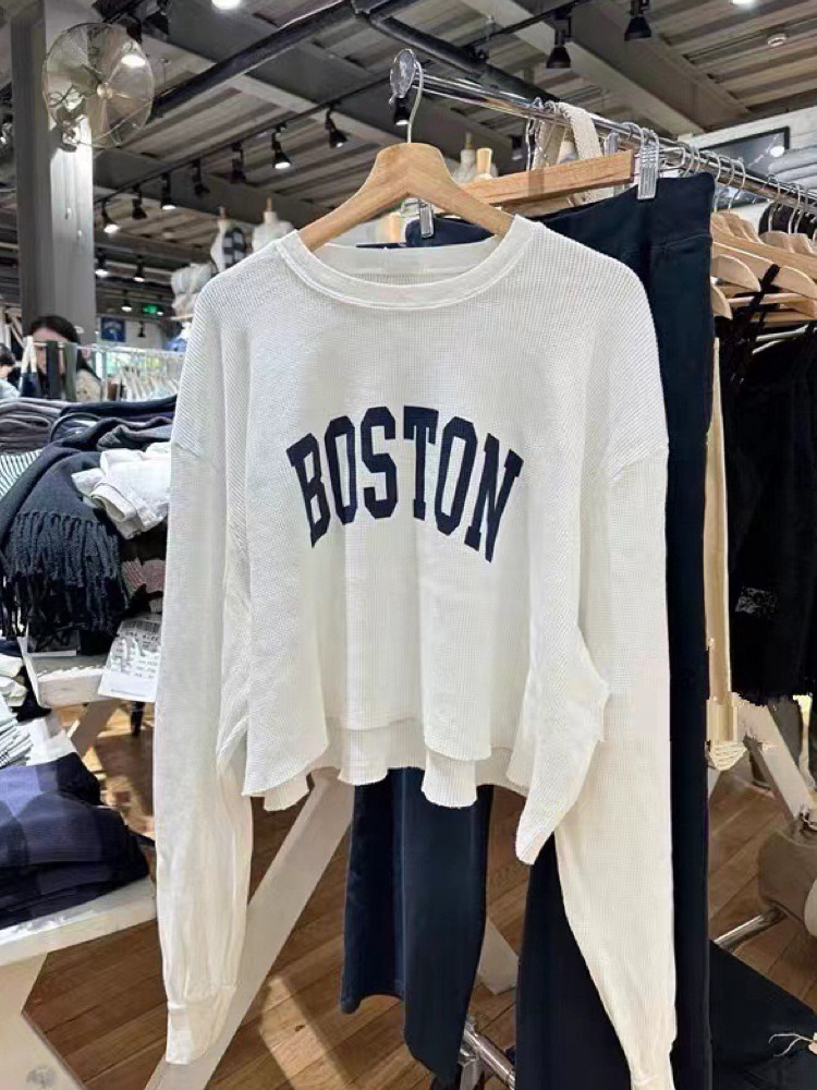 brady menvihe 美式boston华夫格毛边圆领长袖t恤女bm宽松上衣