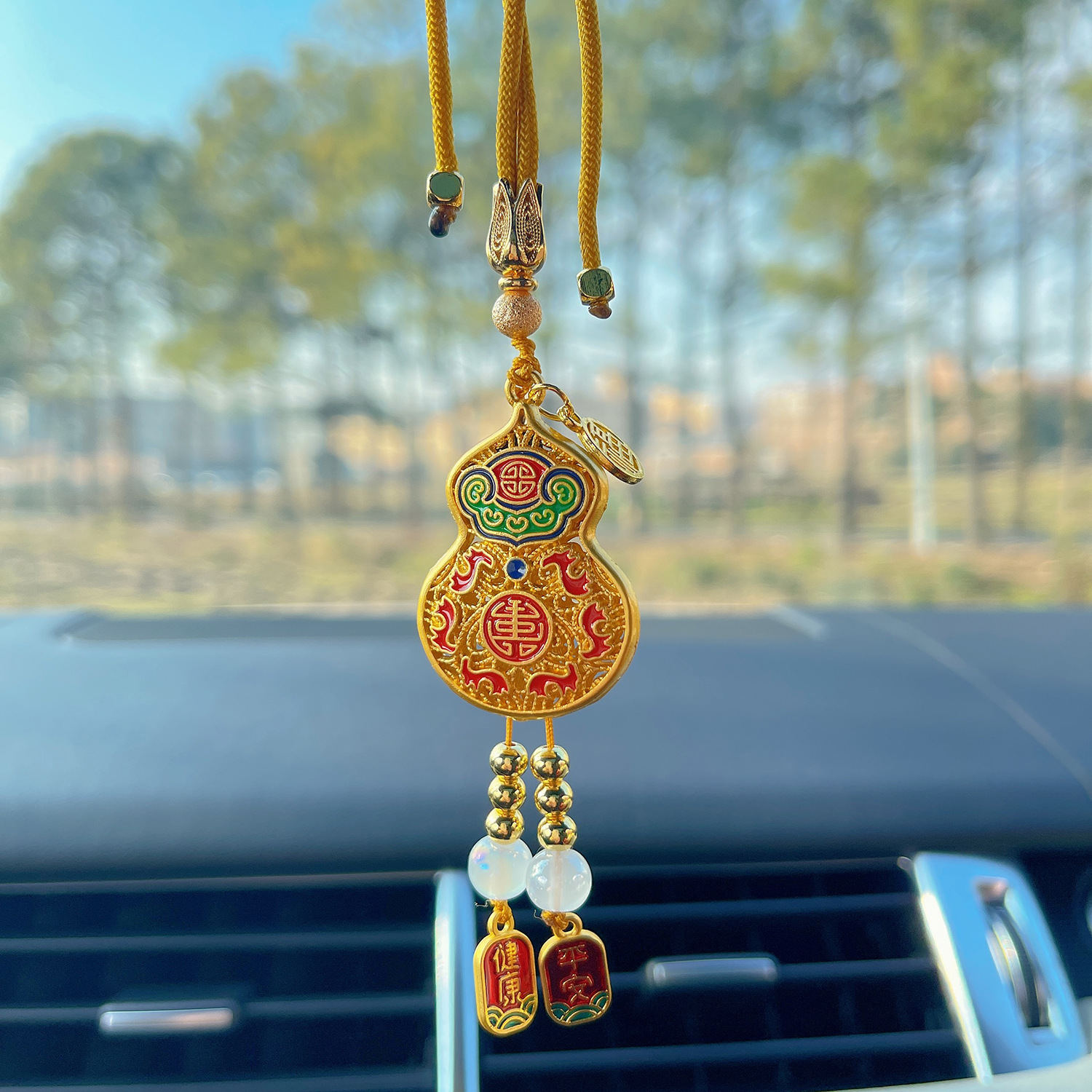 金色葫芦汽车挂件国潮古风车挂后视镜挂饰金色车载吊坠汽车用品