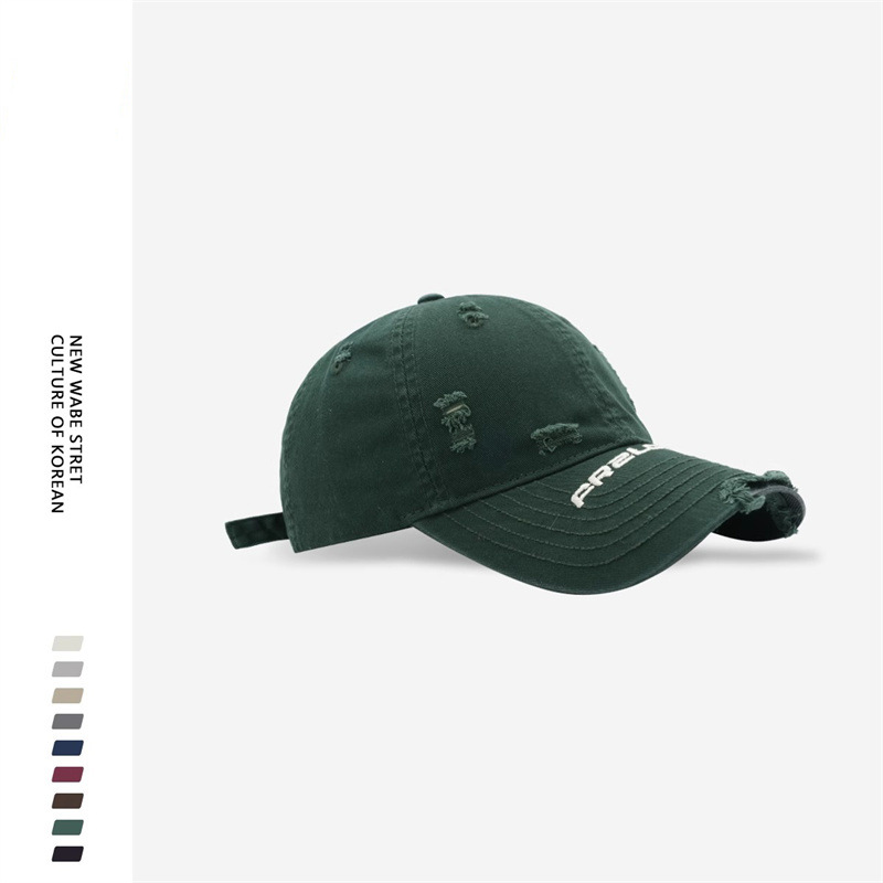 凌奇新款做旧破洞字母刺绣帽子女夏季刺绣棒球帽软顶鸭舌帽男潮