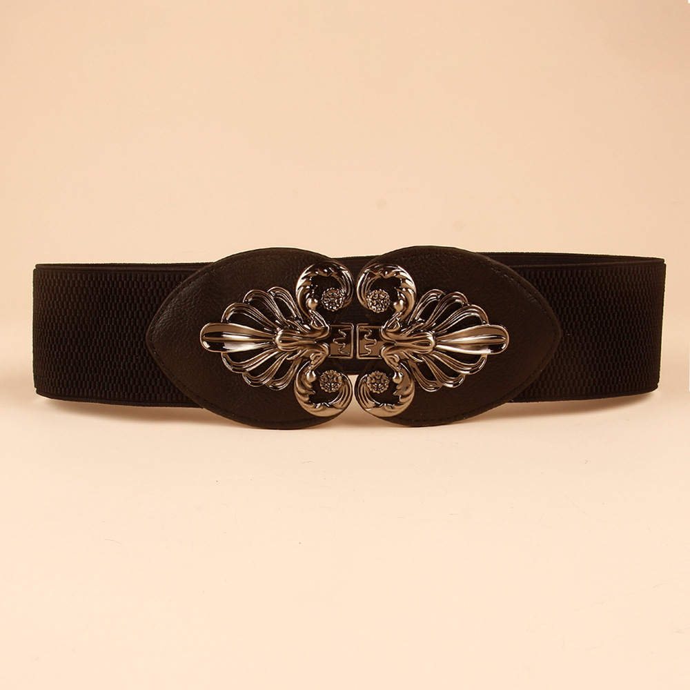 秋季黑色松紧宽腰带女士弹力皮带复古雕花图案大气民族风欧美热销