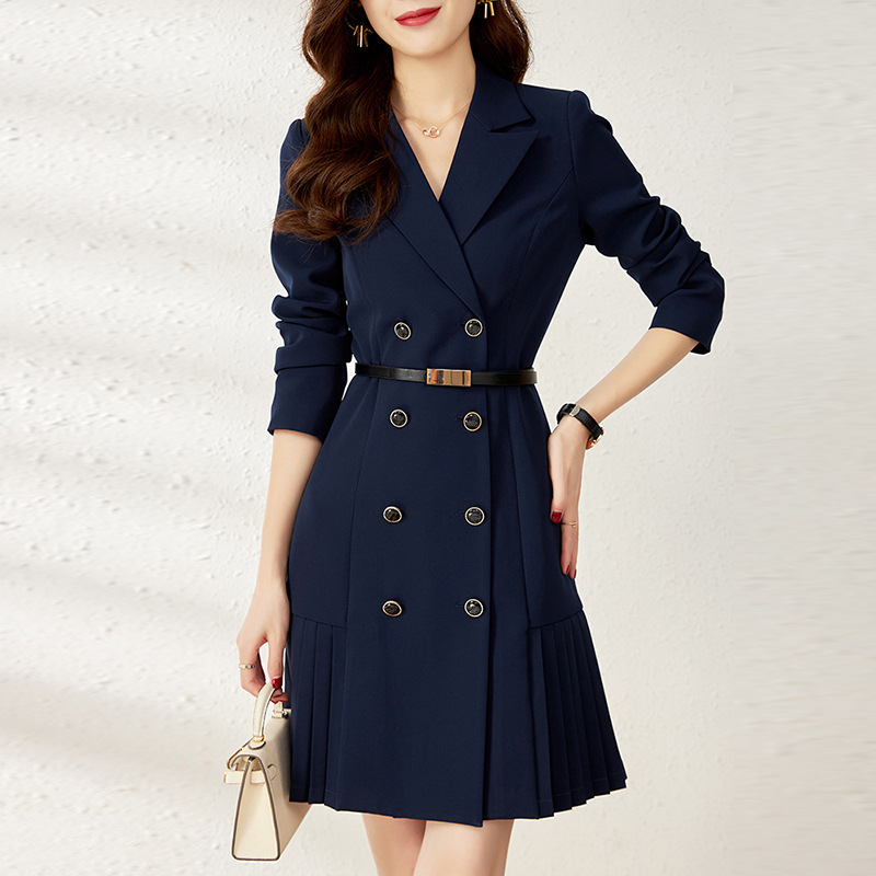 2120601-Blue French Style Temperament Commuter Waist Slimming Suit Skirt Belt Pleated Hem Dress Autumn and Winter