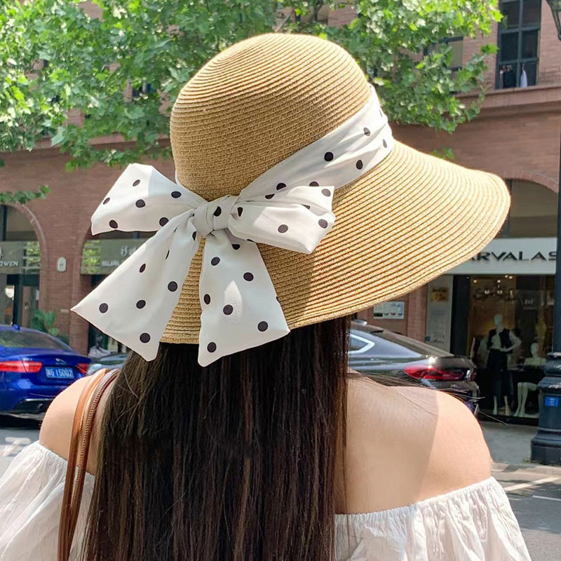 草帽女2024夏新款优雅波点蝴蝶结田园编织帽子海边度假沙滩渔夫帽