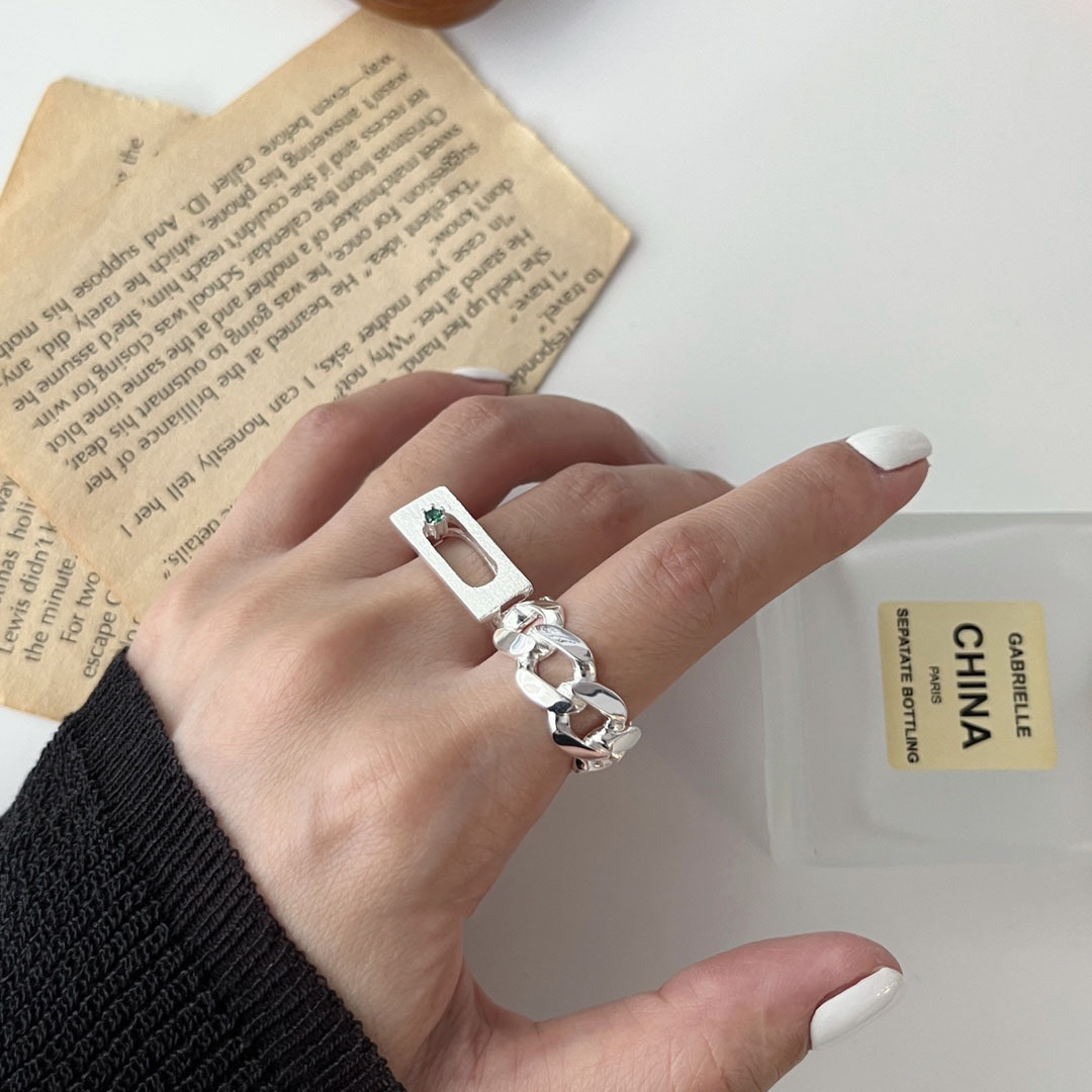 s925纯银古巴链戒指女小众高级轻奢个性设计镂空指环开口戒手饰品
