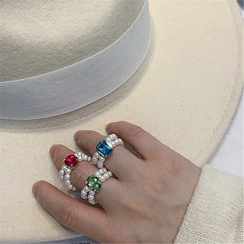 Korean Special-Interest Design ''Elegant Elastic Double-Layer Pearl Fun Gemstone Handmade Index Finger Ring Colorful Beaded Ring