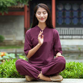 禅修居士服女佛系中式唐装女复古棉麻茶服禅意打坐服瑜伽服两件套