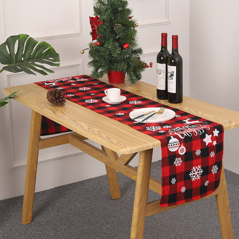 Cross-Border New Arrival Christmas Decoration Red and Black Checked Cloth Printed Table Runner Christmas Table Runner Holiday Home Christmas Placemat