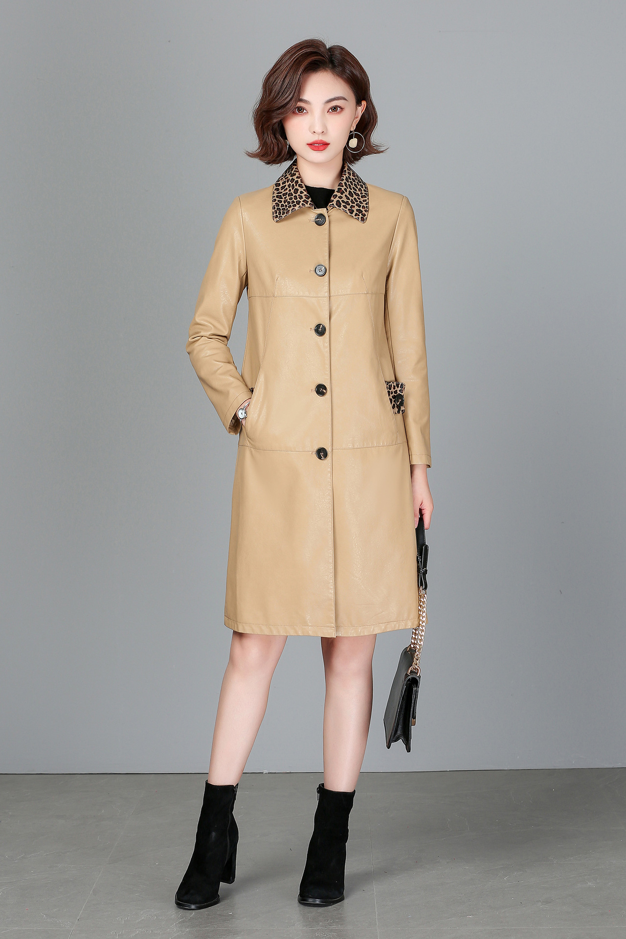 中长款皮衣女时尚豹纹拼接翻领外套2021秋皮衣外套时尚中气质修身