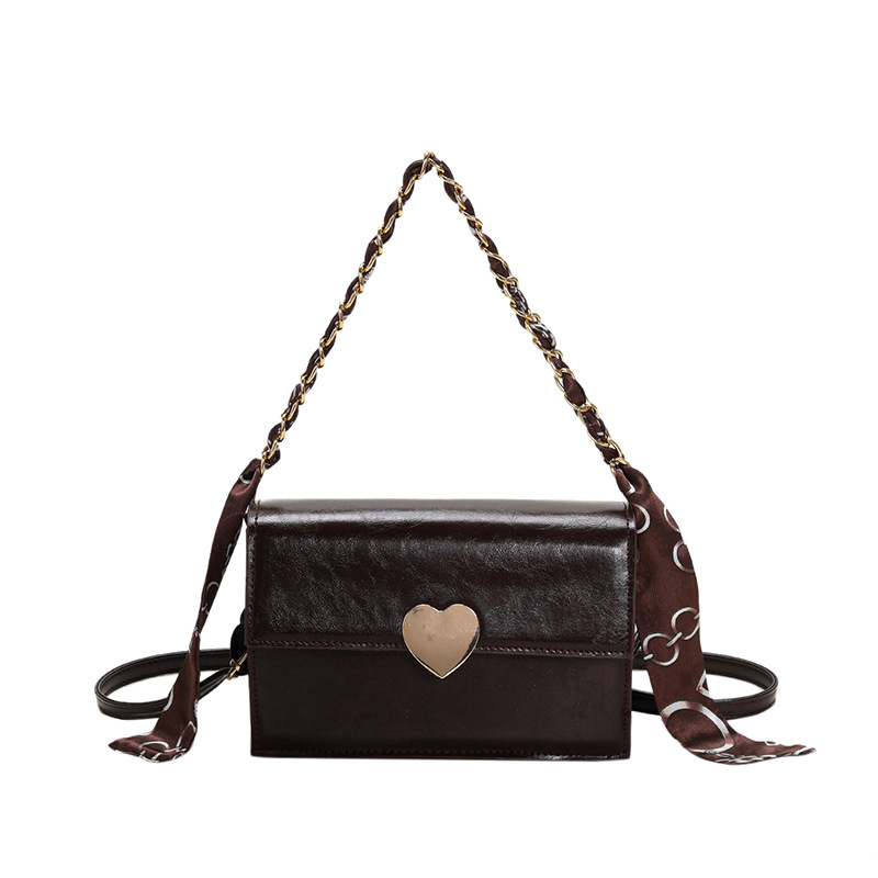 Women's Bag 2023 Spring Affordable Luxury Fashion Silk Scarf Chain Portable Small Square Bag Popular Peach Heart Buckle Shoulder Messenger Bag