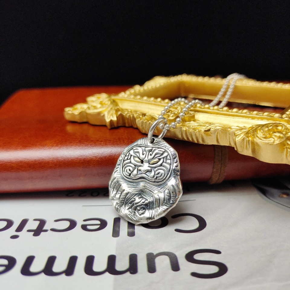 新款纯银925银个性开运达摩吊坠项链手工银牌日本达摩蛋小众复古