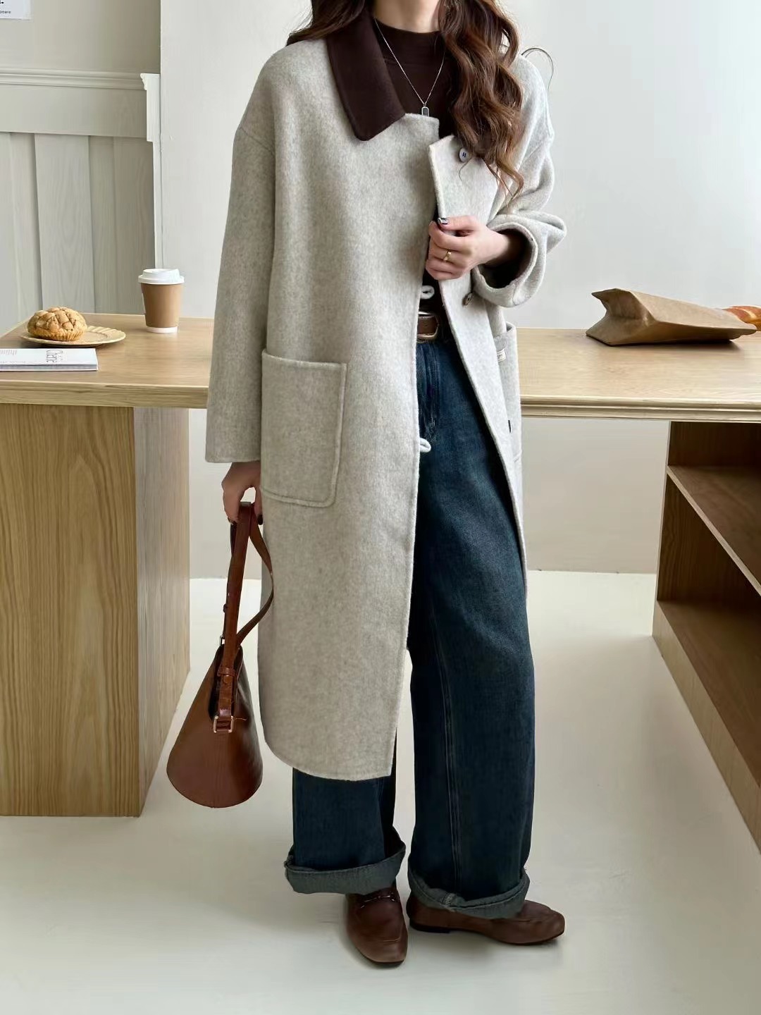 2023 New Mid-Length Doll Collar Wool Double-Sided Hand-Stitched Woolen Autumn and Winter Women's Coat Loose Korean Style
