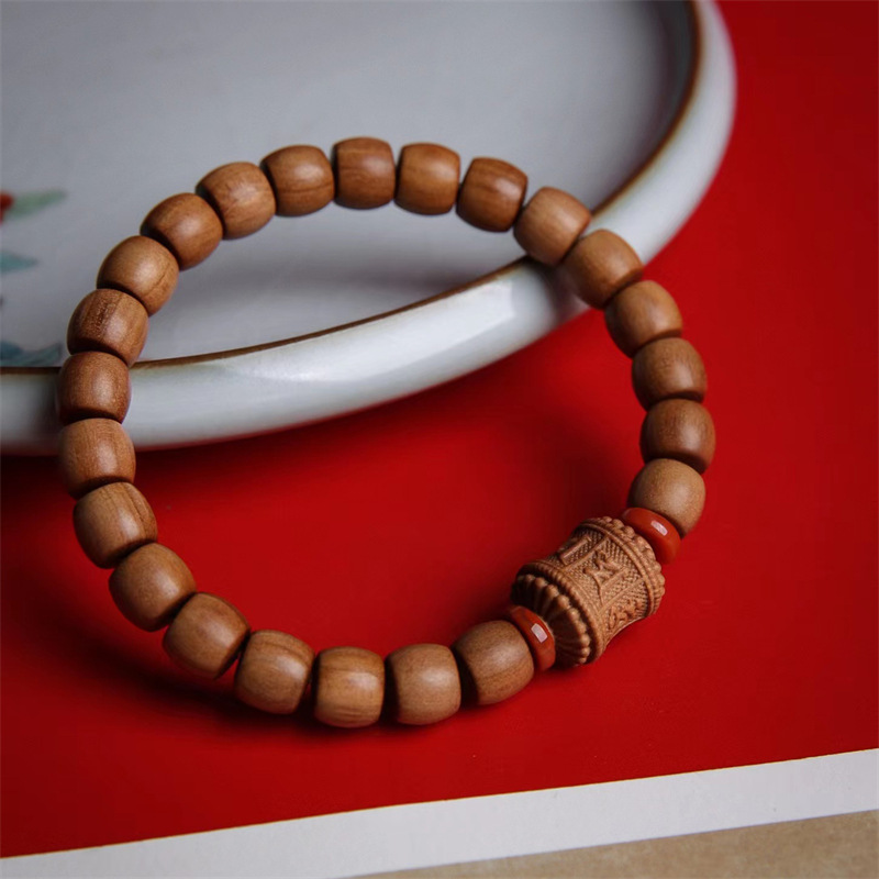 印度老山檀六字箴言手串黑肉檀香直切老型珠搭配南红手串手链批发