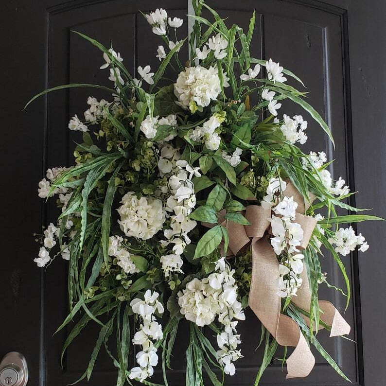 跨境独立站春天装饰花环前门的白色野花环 春夏花环