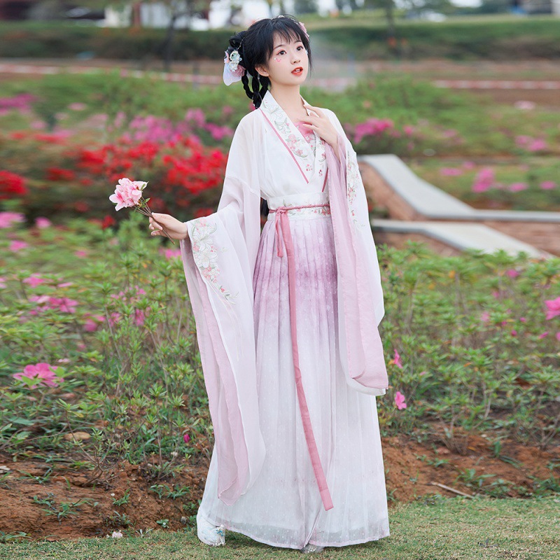 中国风夏季女装古风汉元素日常传统汉服汉朝广袖桃花渐变襦裙套装