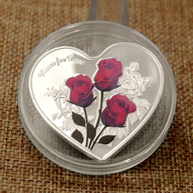双11七夕爱心玫瑰纪念币 心形玫瑰纪念章玫瑰彩印情人节礼品硬币