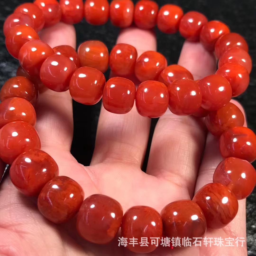 直供天然南红玛瑙老型珠手串颜色漂亮红润南红老型珠单圈手链批发