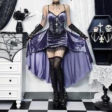 CF23580秋季新款 暗黑风时尚气质性感修身紫色吊带拖尾连衣裙女装