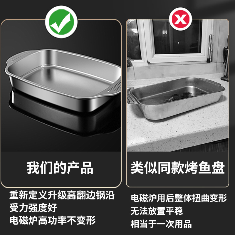 Stainless Steel Thickened Grilled Fish Dish Induction Cooker Baking Tray Rectangular Plate Barbecue Seafood Crayfish Flat Commercial Dish