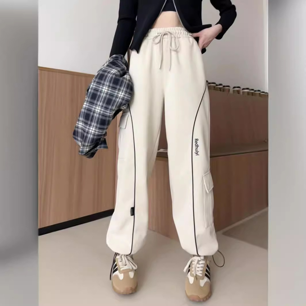 美式机能冲锋运动裤女潮牌不规则撞色阔腿裤直筒宽松休闲工装裤子