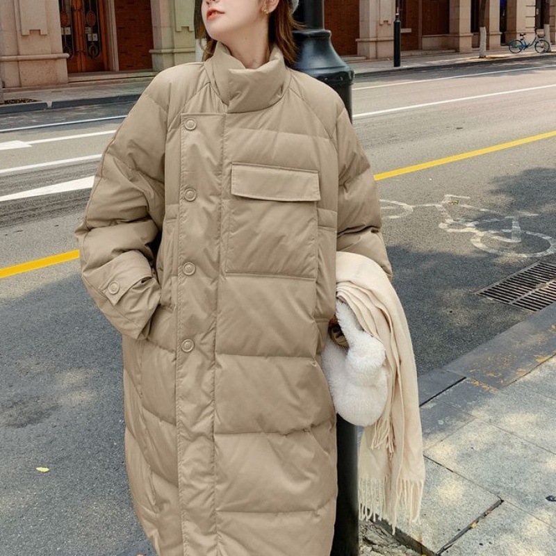 卡其色立领棉服女冬加厚中长款韩版宽松新款过膝羽绒棉衣-阿里巴巴