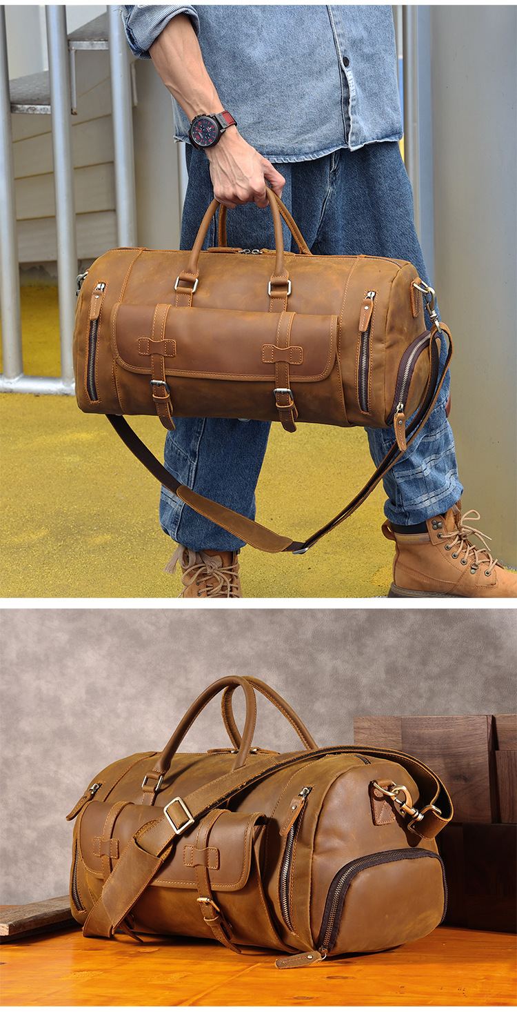 新款复古真皮手提包男包时尚商务出差包包疯马皮旅行包大容量批发采购