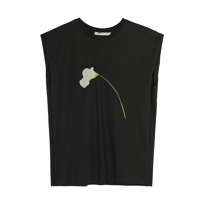 [Meeting Table] 2023 Summer New Temperament Commute Sleeveless Vest Tencel Linen Flower round Neck T-shirt M4642