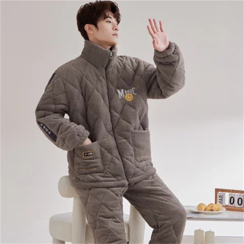 珊瑚绒男装睡衣冬季三层加厚夹棉拉链开衫套装韩版宽松棉袄家居服
