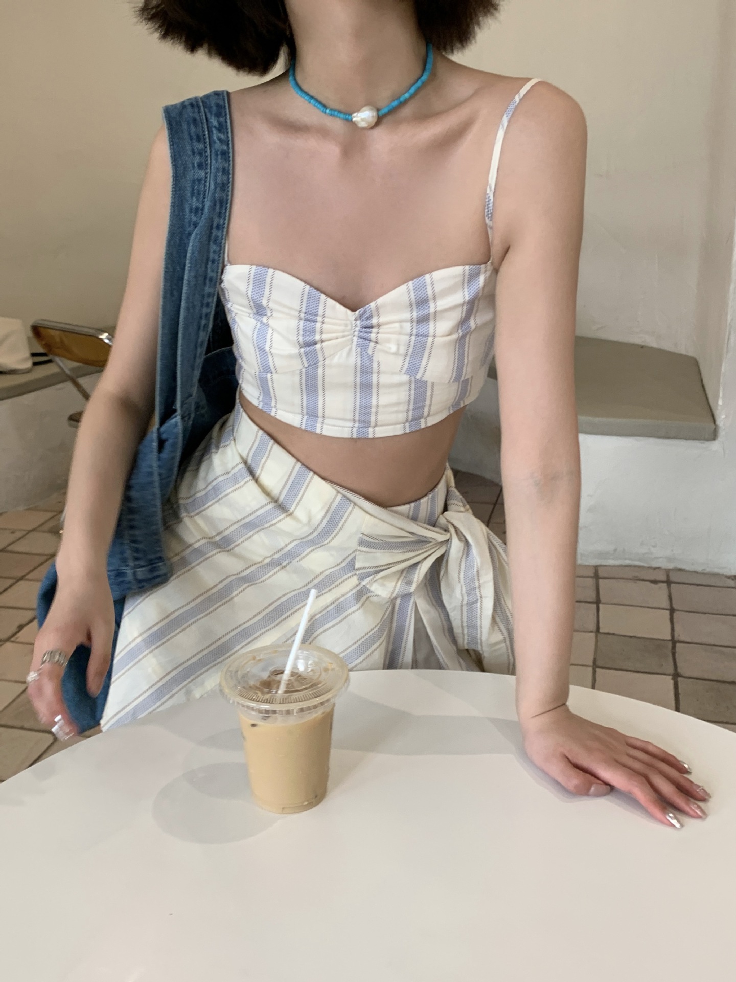 interpretation beauty new open fashion suit women‘s summer stripes crop-top spaghetti-strap high waist shorts two-piece set 82370