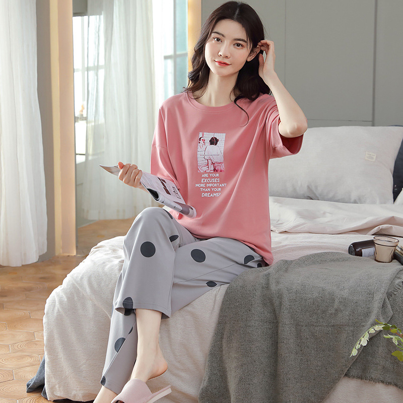 Women's Cotton Pajamas Summer Pullover Short-Sleeved Trousers Summer Thin Full Cotton Casual Outerwear Homewear Suit