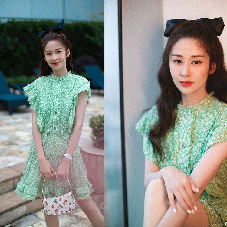 整衣绣花!明星颖儿同款雪纺绿色碎花蕾丝连衣裙-阿里巴巴