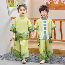 幼儿园唐装演出服中国风姐弟装汉服上春山舞蹈服绿色表演班服服装