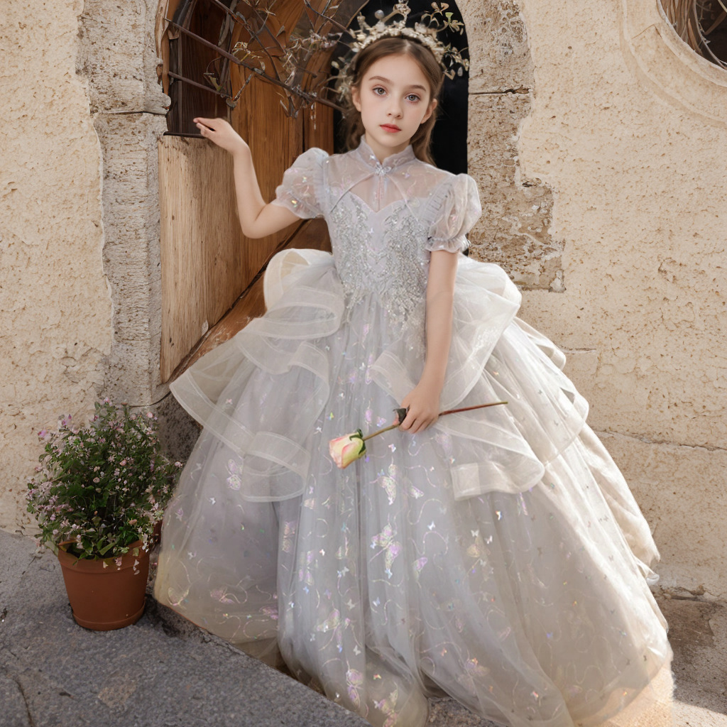 儿童礼服2024新款灰色新中式立领蓬蓬纱裙女童钢琴演奏小礼服批发