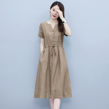 棉麻连衣裙女夏季新款女装高级感洋气收腰显瘦中长款裙子