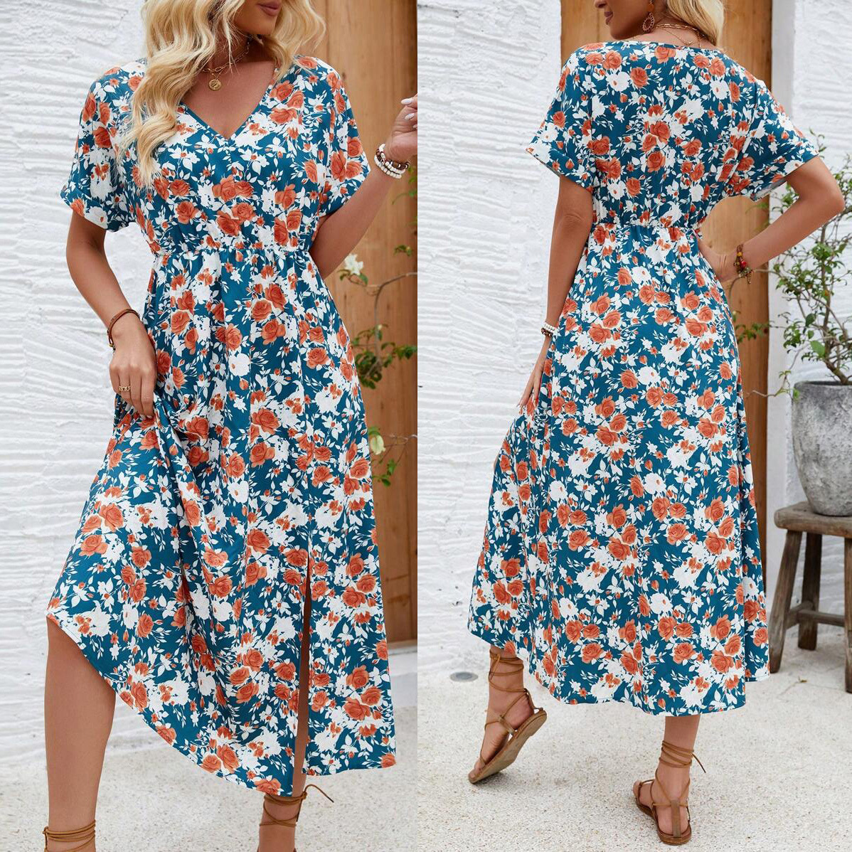 2024年跨境新款亚马逊速卖通女式花卉印花侧开叉下摆连衣裙-阿里巴巴