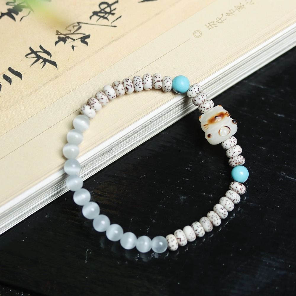 迷你星月菩提手串寿山石橄榄核菩提子猫眼石手链国风珍珠简约猫款