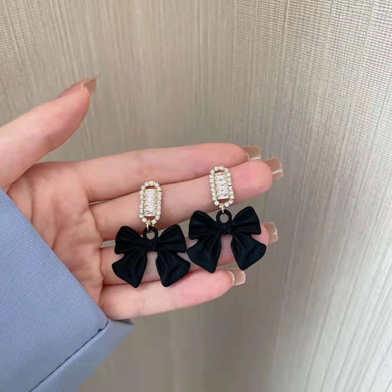 New Black Bow Stud Earrings Earrings Sterling Silver Needle Korean Style High-Grade Unique Niche Temperament Earrings