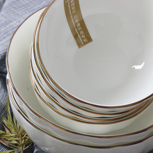 T锦牌欧式骨瓷饭碗简约金边汤碗面碗家用色拉碗浮雕碗碟盘子餐具