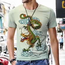 3D印花鲤鱼龙图案男式T恤 3d印花t恤男 宽松短袖半袖中国范服饰