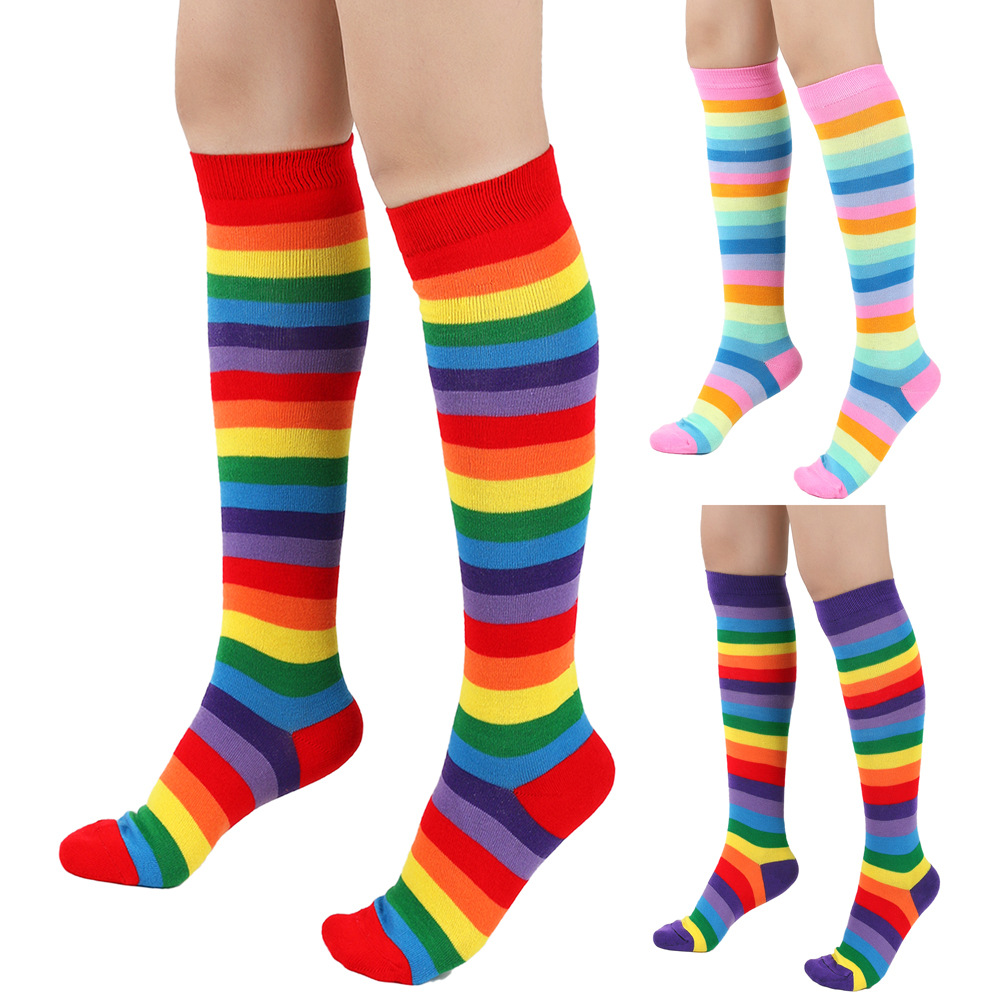 Cross-Border Rainbow Striped Mid-Calf Length Socks Women's Knee Length Socks below the Knee Cotton Socks Copsplay Performance Socks Party Calf Socks