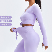 清仓不退不换瑜伽健身服系带露肚脐紧身运动上衣长袖瑜伽服批发