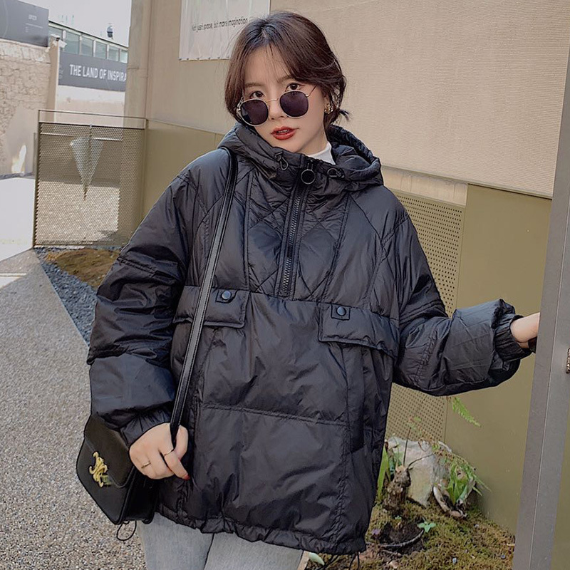 卫衣版羽绒服女2022冬季新款套头韩版宽松白鸭绒短款时尚连帽外套