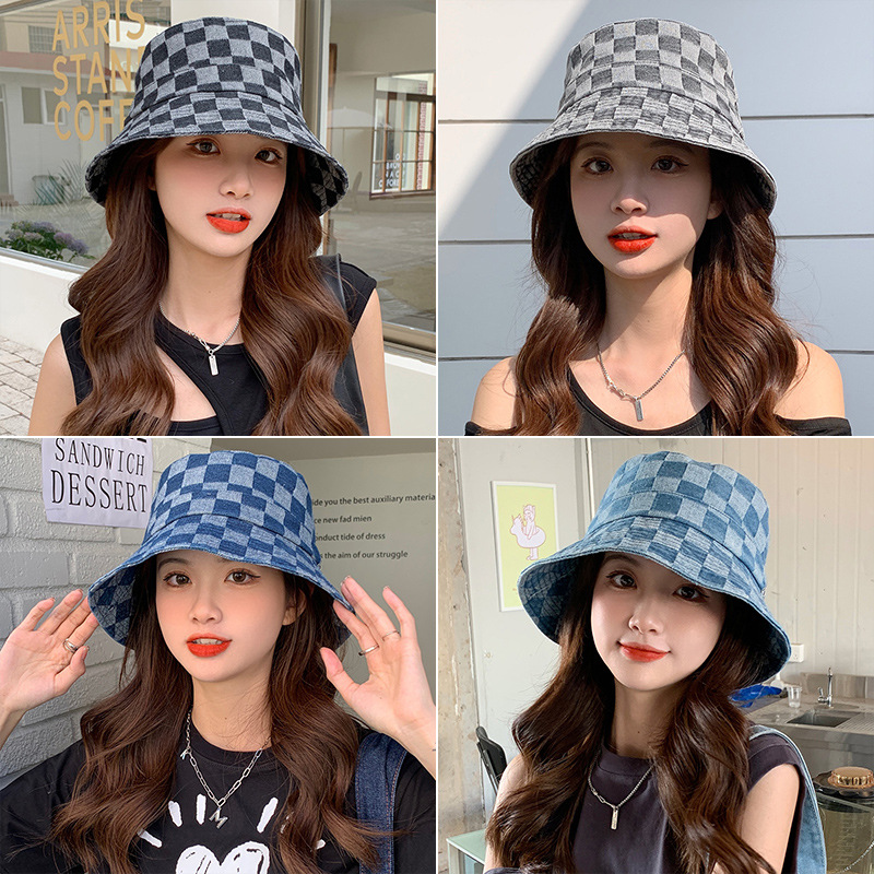 Jean Fisherman Hat Women‘s Korean-Style Fashion All-Match Hipster Fried Street Chessboard Plaid Small Face 2022 New Bucket Hat