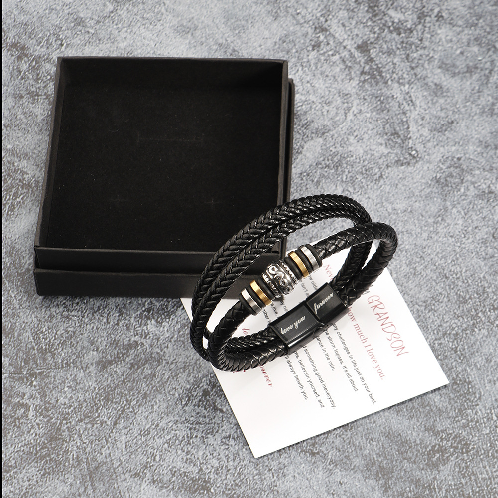 Cross-Border Stainless Steel Multi-Layer Woven Bracelet Men's Titanium Steel Fashion Leather Bracelet Lettering Gift Set in Stock