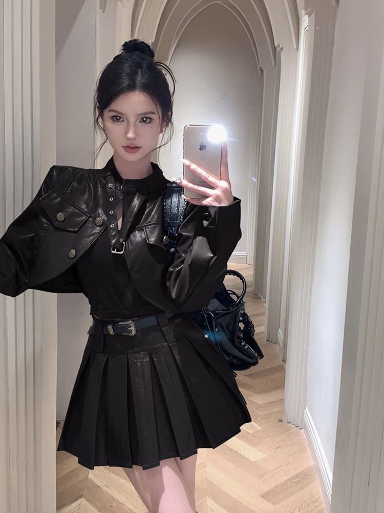 酷飒风复古短款皮衣外套半身皮裙子两件套女秋季女生酷帅穿搭套装