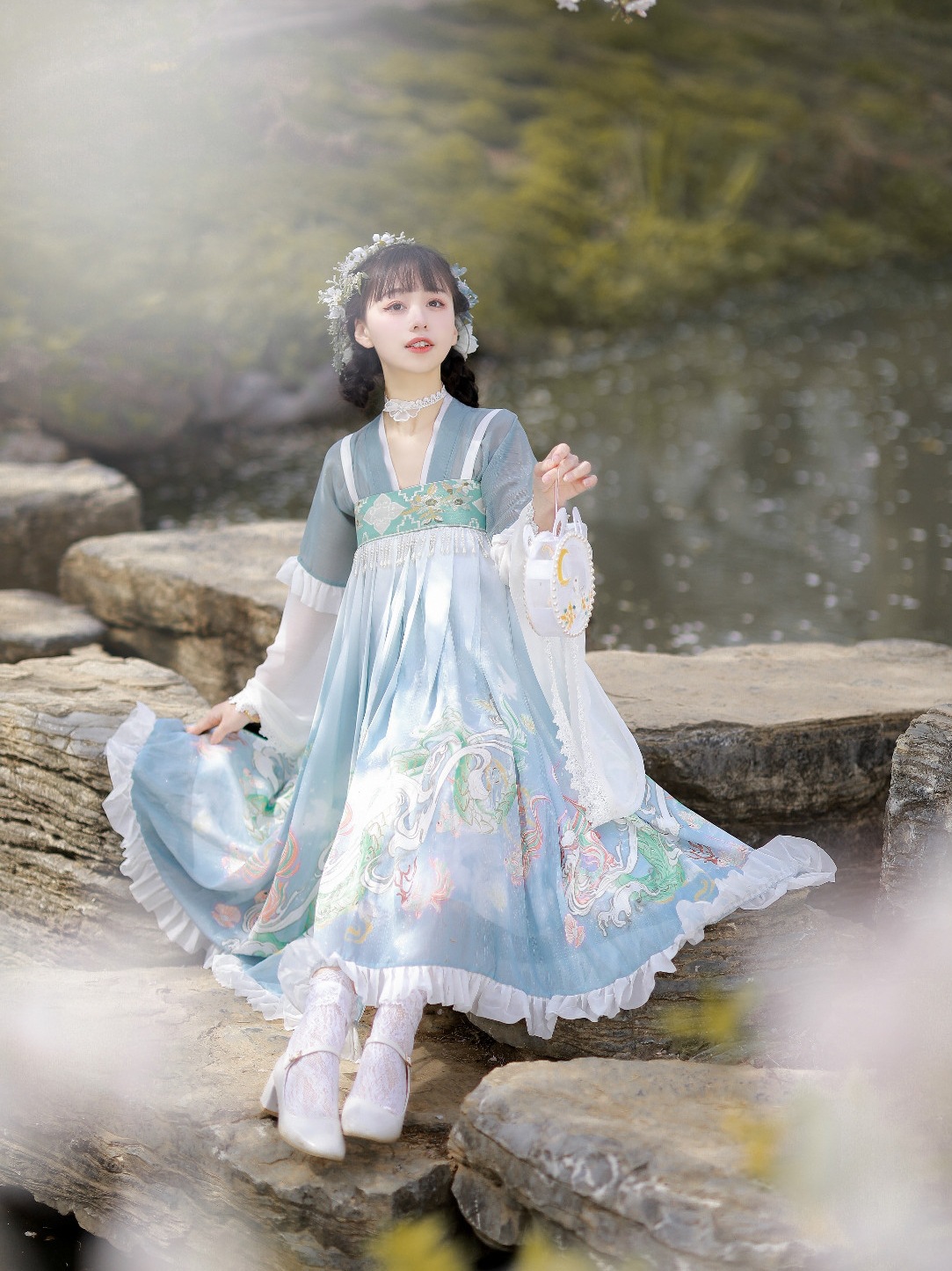 小龙女汉服女原创汉元素齐胸吊带裙仙气印花八分襦裙春秋款