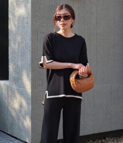 Special Shooting Link 2023 Autumn New Elegant Contrast Color Split Long Sleeve Knitwear High Waist Slimming Wide Leg Pants Trousers Women Clothes