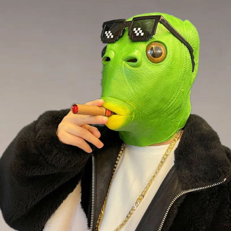 抖音同款绿鱼头绿鱼怪面具头套乳胶头套装逼三件套眼镜 雪茄 项链